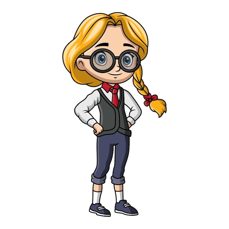 Vector un dibujo de dibujos animados de una niña con uniforme escolar y gafas