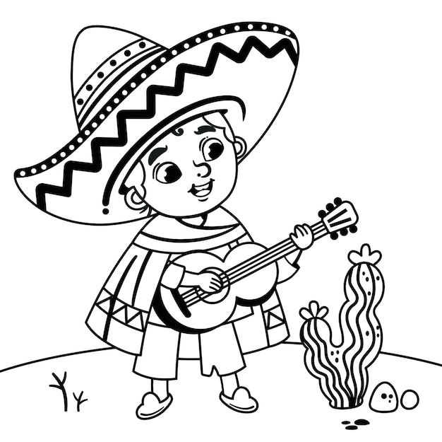 Vector un dibujo de dibujos animados de un niño mexicano tocando una guitarra.