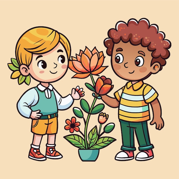 Vector un dibujo de dibujos animados de un niño y una niña con una flor y una chica en una camisa amarilla