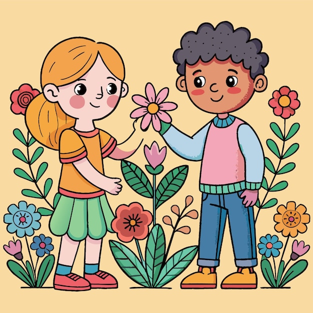 Vector un dibujo de dibujos animados de un niño y una niña sosteniendo flores