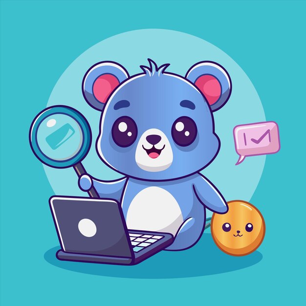 un dibujo de dibujos animados de un oso azul mirando una computadora portátil con una lupa