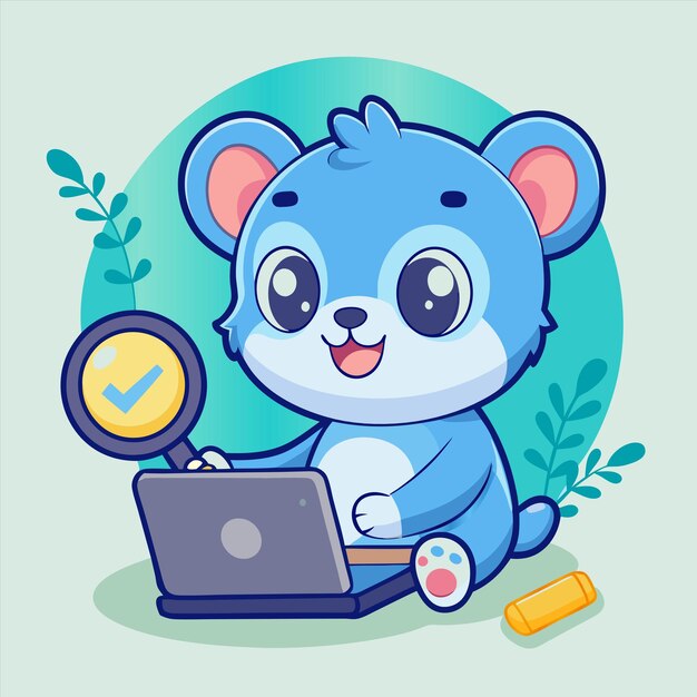 un dibujo de dibujos animados de un oso mirando una computadora portátil con una lupa