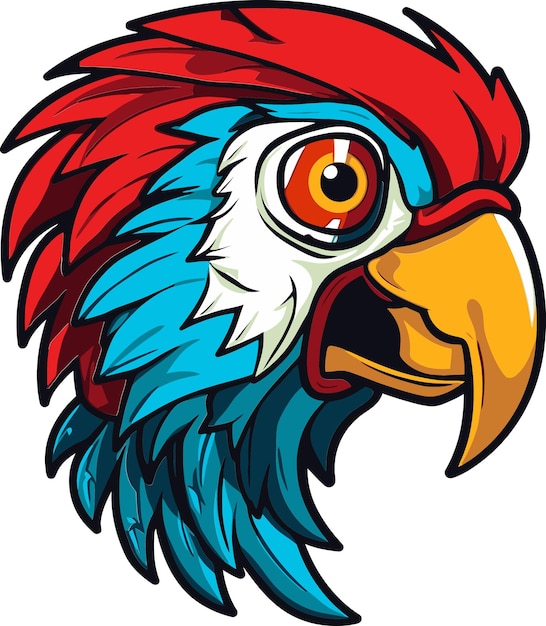 un dibujo de dibujos animados de un pájaro con un pico rojo y una pluma azul y roja