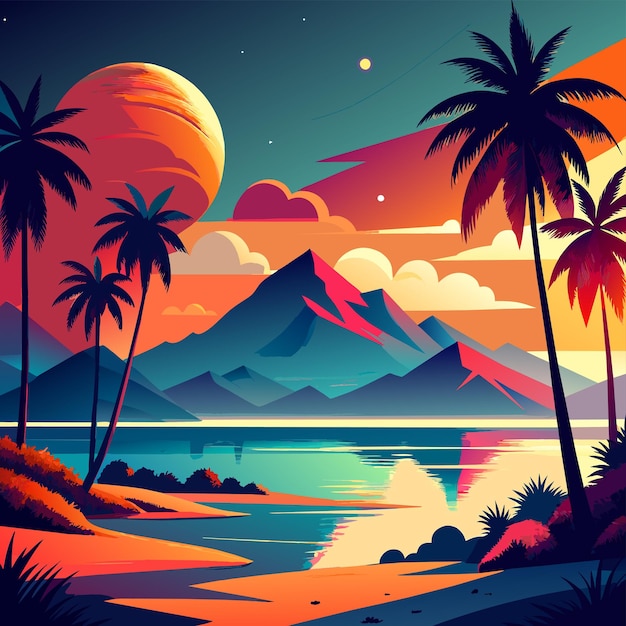 Vector un dibujo de dibujos animados de palmeras y montañas con una puesta de sol en el fondo