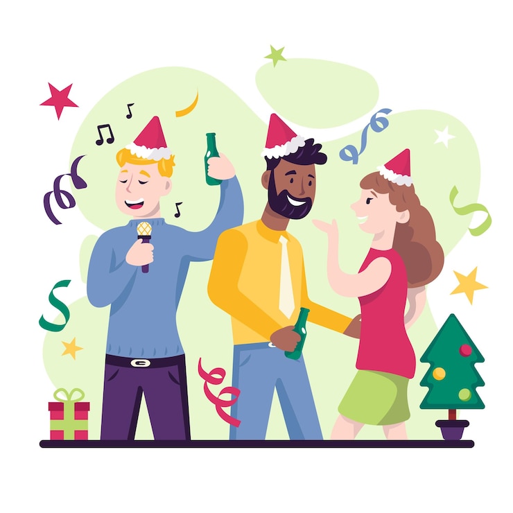 Vector un dibujo de dibujos animados de una pareja celebrando navidad con un hombre con una camisa amarilla