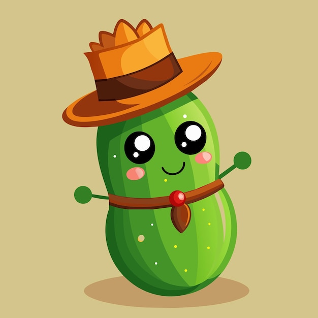 un dibujo de dibujos animados de un pepino verde con un sombrero de paja en él