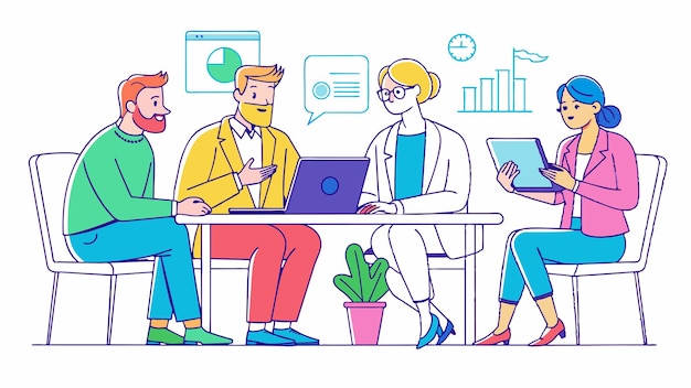 un dibujo de dibujos animados de personas trabajando en computadoras portátiles con un hombre en un traje a la derecha