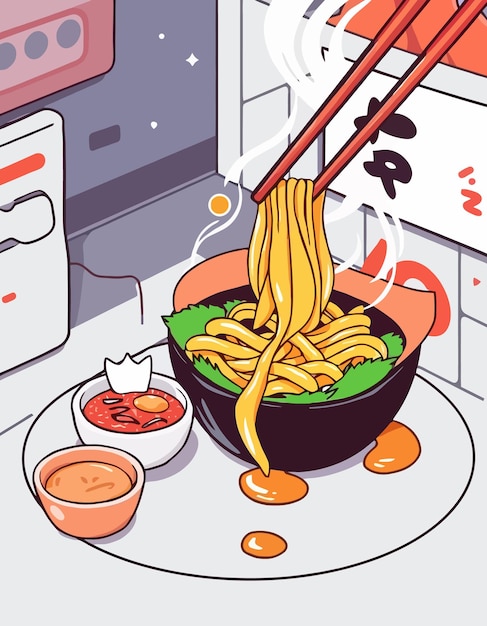 un dibujo de dibujos animados de un plato de fideos con fideos y una taza de salsa