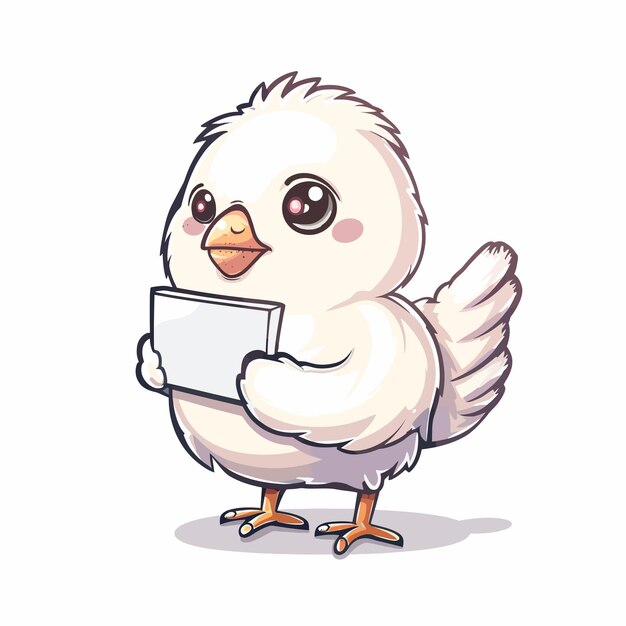 un dibujo de dibujos animados de un pollo sosteniendo una tarjeta con las palabras la palabra en él