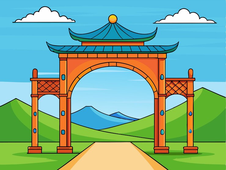 Vector un dibujo de dibujos animados de una puerta con una montaña en el fondo