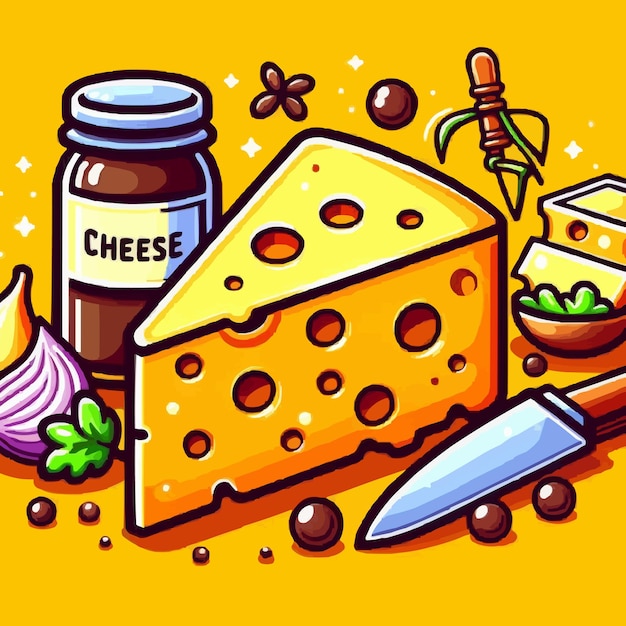 un dibujo de dibujos animados de queso y un frasco de queso con un cuchillo