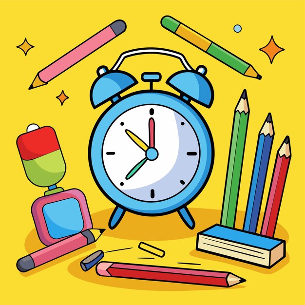 un dibujo de dibujos animados de un reloj con un lápiz y un bolígrafo