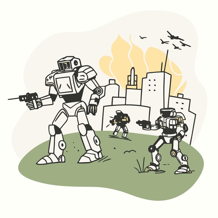 Vector un dibujo de dibujos animados de un robot con un arma apuntando a un hombre