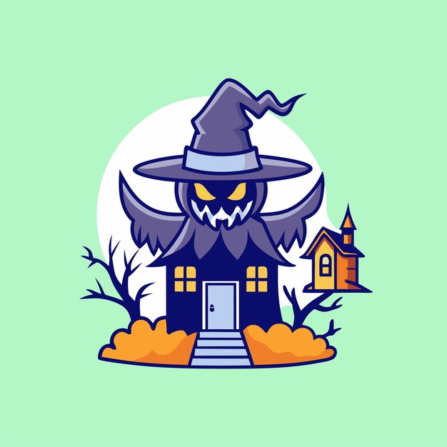 un dibujo de dibujos animados de un sombrero de bruja y una casa con una casa en el frente