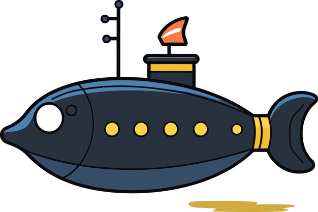 un dibujo de dibujos animados de un submarino con una tapa amarilla y una bandera roja en la parte superior