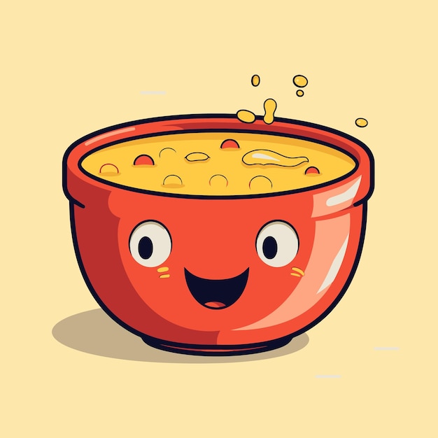 Vector un dibujo de dibujos animados de un tazón de macarrones con queso con una cara sonriente.