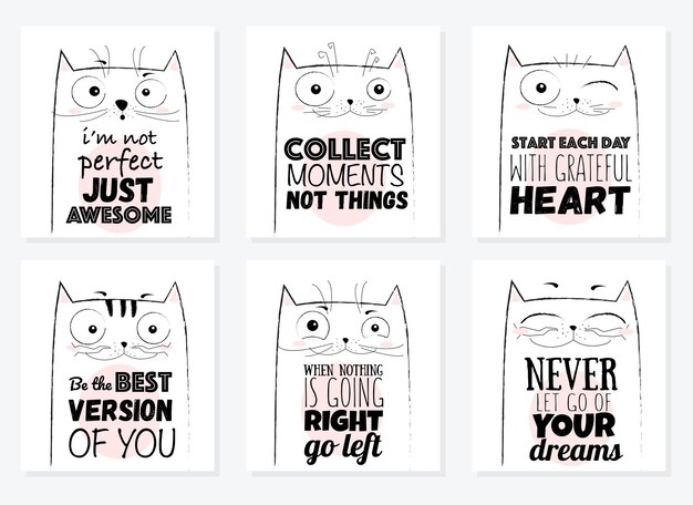 Dibujo de dibujos animados de vector ilustración de gato divertido con linda frase de letras