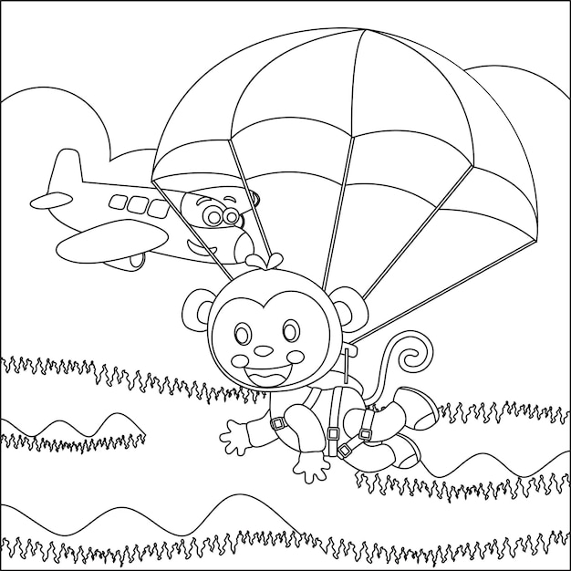 Dibujo de dibujos animados vectoriales de paracaidismo con un pequeño avión animal y nubes para colorear libro o página