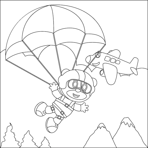 Dibujo de dibujos animados vectoriales de paracaidismo con un pequeño avión animal y nubes para colorear libro o página