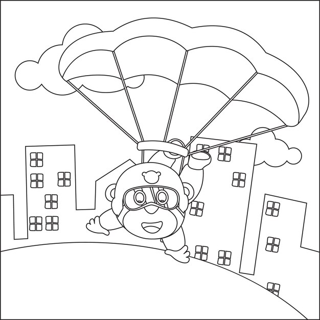 Dibujo de dibujos animados vectoriales de paracaidismo con un pequeño avión mono y nubes para colorear libro o página
