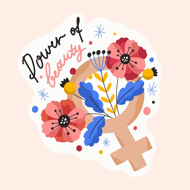 Dibujo de dibujos animados vectoriales planos con símbolo femenino decorado con flores florecientes e inscripción motivacional poder de la belleza. pegatina feminista con letras manuscritas y composición floral.