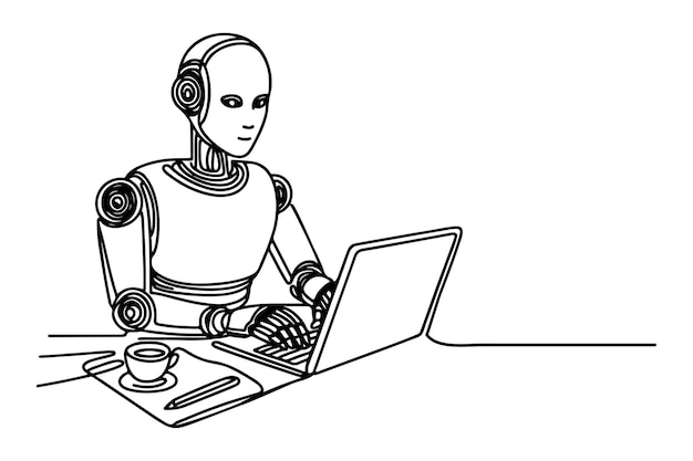 dibujo de dibujos en línea negra de un robot humanoide con IA trabajando en una computadora portátil