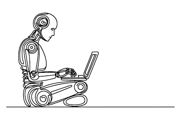 dibujo de dibujos en línea negra de un robot humanoide con IA trabajando en una computadora portátil