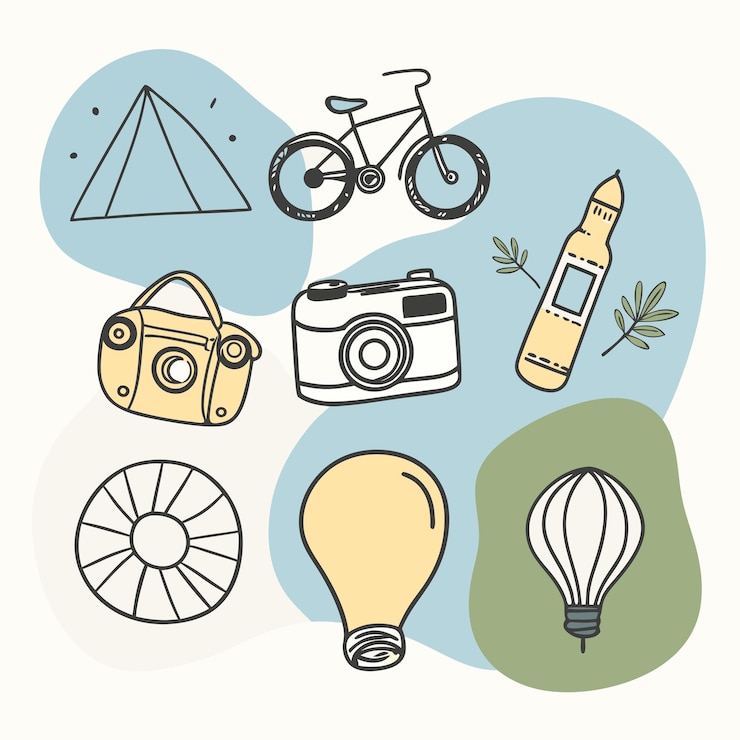 Vector un dibujo de diferentes cosas, incluida una cámara y una imagen de una cámara