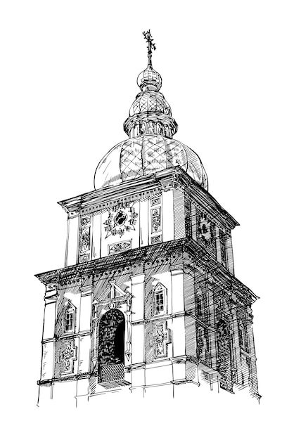 Dibujo digital del estilo de grabado de la iglesia ucraniana Kiev Miha