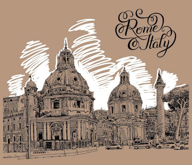 Vector dibujo digital original del paisaje urbano de roma italia con inscripción de letras para su tarjeta de viaje