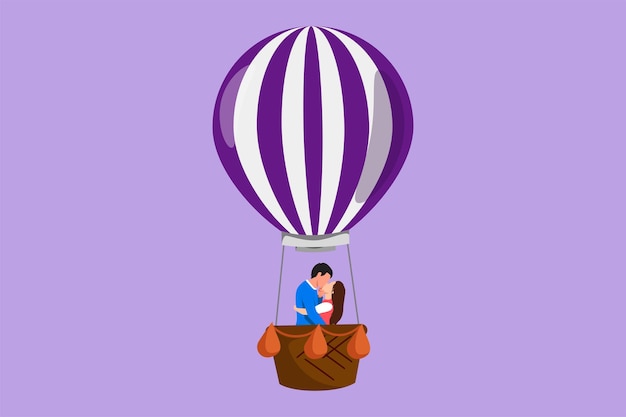 Dibujo de diseño gráfico plano de una encantadora pareja romántica besándose en globo aerostático en el cielo y las nubes relación amorosa hombre y mujer Viaje romántico o viaje Ilustración de vector de estilo de dibujos animados