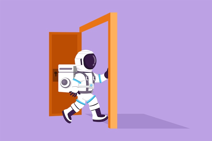 Vector dibujo de diseño gráfico plano el joven astronauta entra en la habitación a través de la puerta en la superficie de la luna el astronauta camina hacia la puerta abierta comenzando un nuevo día cosmonauta en el espacio profundo ilustración de vector de estilo de dibujos animados