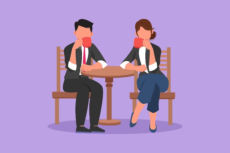 Vector dibujo de diseño gráfico plano pareja amorosa está tomando café en un café un hombre y una mujer están sentados en una mesa en un restaurante acogedor concepto diario de desayuno por la mañana ilustración de vector de estilo de dibujos animados
