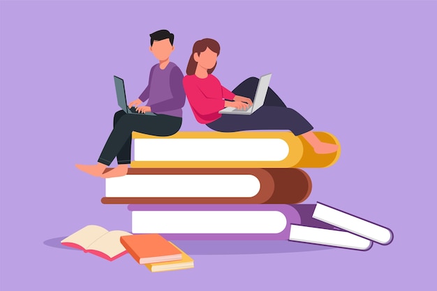 Dibujo de diseño gráfico plano pareja inteligente con computadora portátil sentada en una pila de libros juntos Cursos en línea de aprendizaje a distancia independiente Hombre y mujer estudiando Ilustración de vector de estilo de dibujos animados
