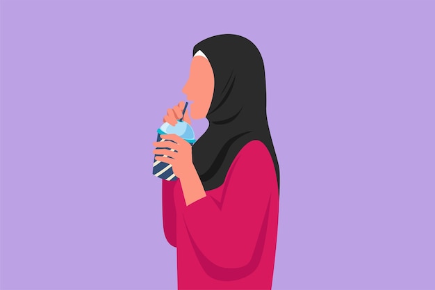 Dibujo de diseño gráfico plano vista lateral de la mujer árabe usando pajita y bebiendo jugo de batido de un vaso de plástico Las mujeres se sienten sedientas y tratan de refrescarse en los veranos calurosos Ilustración de vector de estilo de dibujos animados