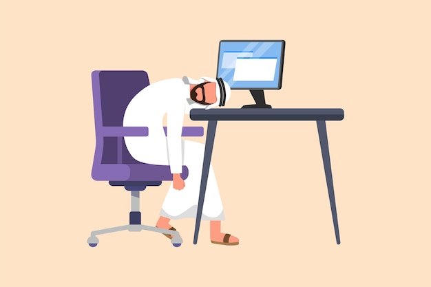 Dibujo de diseño de negocios Empresario árabe deprimido sentado con la cabeza en el escritorio de la computadora Gerente exhausto en la oficina Problemas de salud mental del trabajador frustrado Ilustración de vector de estilo de dibujos animados plana