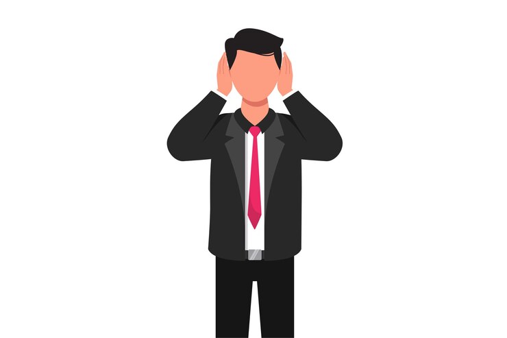 Vector dibujo de diseño de negocios de un hombre de negocios que cubre con las manos sus oídos oficinista que hace gestos de no oír ni escuchar el gerente no quiere oír ni escuchar ilustración de vector de estilo de dibujos animados plana