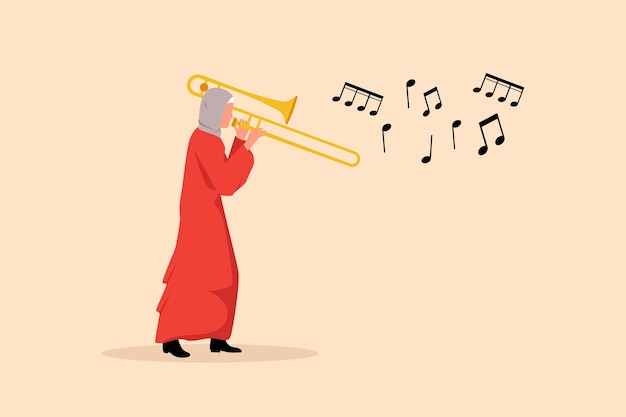 Dibujo de diseño de negocios jugador de trombón Artista femenina árabe tocar instrumento de viento Artista de música niña Mujer de jazz Músico tocar trompeta Evento de música clásica Ilustración de vector de estilo de dibujos animados plana