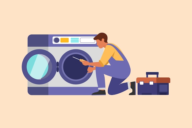 Dibujo de diseño de negocios reparador profesional arreglando lavadora en casa Especialista en plomería con caja de herramientas arreglando o reparando lavadora para lavandería comercial Ilustración de vector de estilo de dibujos animados plana
