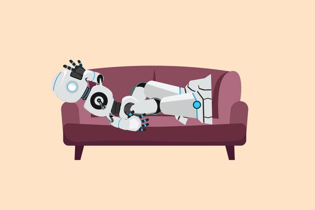 Dibujo de diseño de negocios robot deprimido cansado descansar en el sofá Trabajador frustrado sosteniendo la cabeza en el sofá Desarrollo de tecnología futura Inteligencia artificial Ilustración de vector de estilo de dibujos animados plana