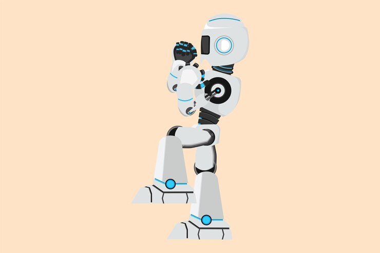Vector dibujo de diseño de negocios robot feliz de pie con una pierna levantada y haciendo gesto de sí desarrollo de tecnología futura aprendizaje automático de inteligencia artificial ilustración de vector de estilo de dibujos animados plana