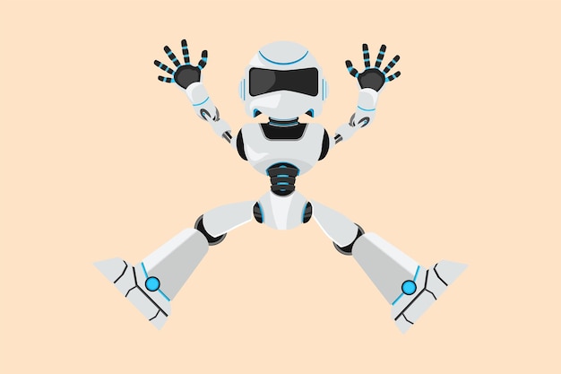 Dibujo de diseño de negocios robot feliz saltando con los brazos y las piernas levantados Desarrollo de tecnología futura Inteligencia artificial y procesos de aprendizaje automático Ilustración de vector de estilo de dibujos animados plana