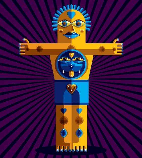 Dibujo de diseño plano de carácter extraño, imagen artística hecha en estilo cubista. vector ilustración colorida de tótem espiritual aislado sobre fondo decorativo de arte.