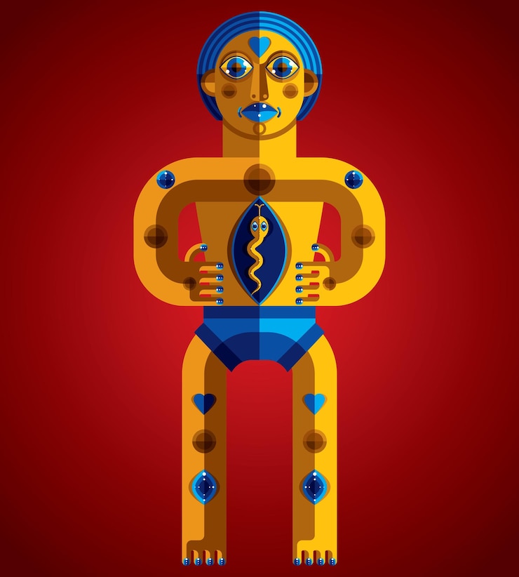Vector dibujo de diseño plano de carácter extraño, imagen artística hecha en estilo cubista. vector ilustración colorida de tótem espiritual aislado.