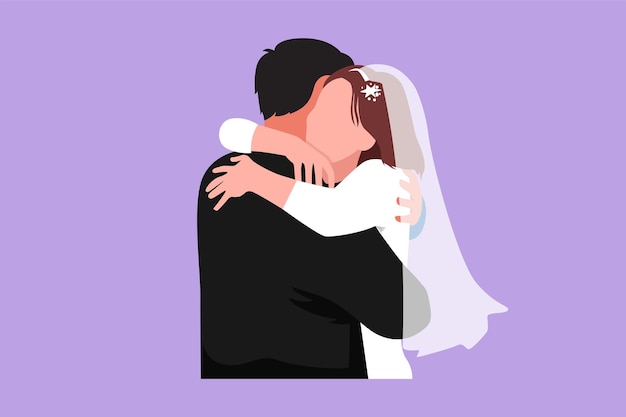 Dibujo de diseño plano gráfico alegre pareja casada abrazándose con una sonrisa hombre feliz en traje formal abrazando y abrazando a una mujer linda con vestido celebrar la fiesta de bodas ilustración de vector de estilo de dibujos animados