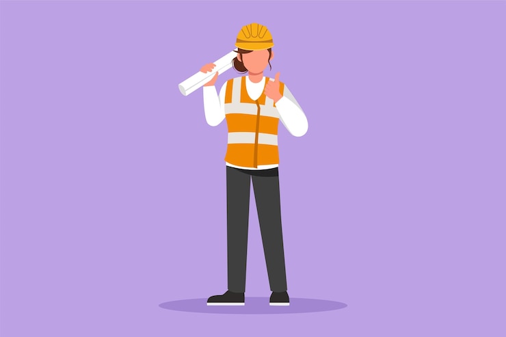 Vector dibujo de diseño plano gráfico arquitecta de pie sosteniendo un rollo de trabajo de papel con gesto de pulgar hacia arriba y usando casco con planos para construir el plan de trabajo ilustración de vector de estilo de dibujos animados