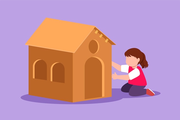Dibujo de diseño plano gráfico de una linda niña jugando en casa hecha de cajas de cartón Niños creativos sentados en la casa de juegos Niños pequeños bonitos en el tiempo libre Ilustración de vector de estilo de dibujos animados