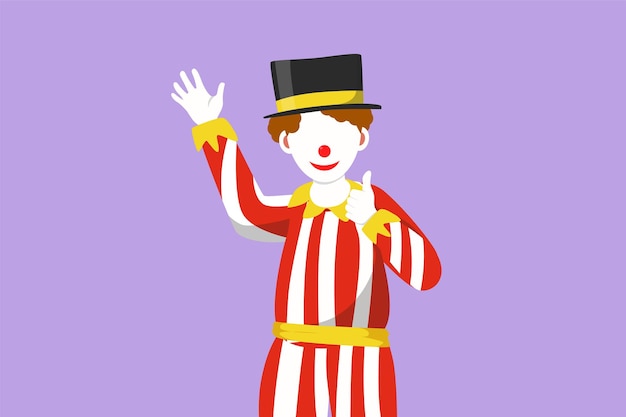 Dibujo de diseño plano gráfico mano de payaso masculino decir hola y la otra mano con gesto de pulgar hacia arriba Usar sombrero y maquillaje de cara sonriente Entretener a los niños en la fiesta de cumpleaños Ilustración de vector de estilo de dibujos animados