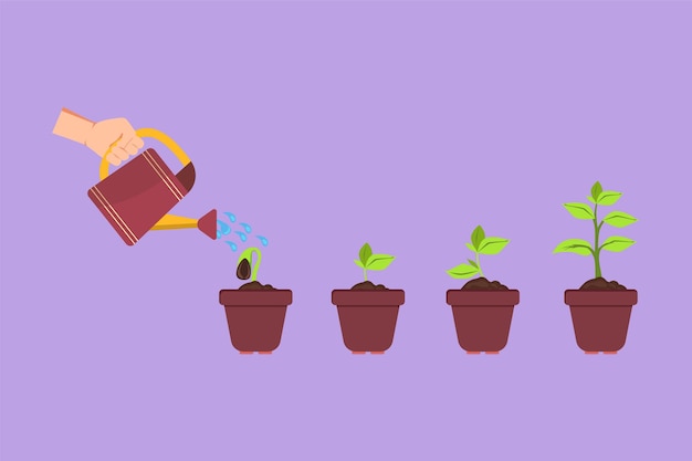 Dibujo de diseño plano gráfico mano con planta de riego de latas en el jardín logotipo icono etiqueta símbolo Día de la Tierra salvar el concepto de medio ambiente Cultivo de plántulas silvicultor plantación Ilustración de vector de estilo de dibujos animados