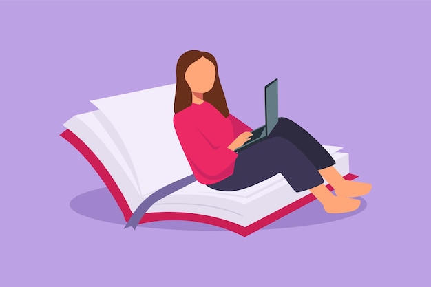 Dibujo de diseño plano gráfico mujer joven con computadora portátil sentada en un libro grande abierto Aprendizaje a distancia independiente cursos en línea conocimiento de educación concepto de estudio Ilustración de vector de estilo de dibujos animados